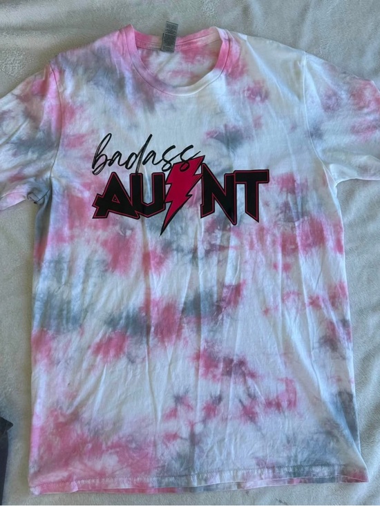 Gildan Tops - Gildan White Pink Gray Tie-Dye "Badass Aunt" Tee
